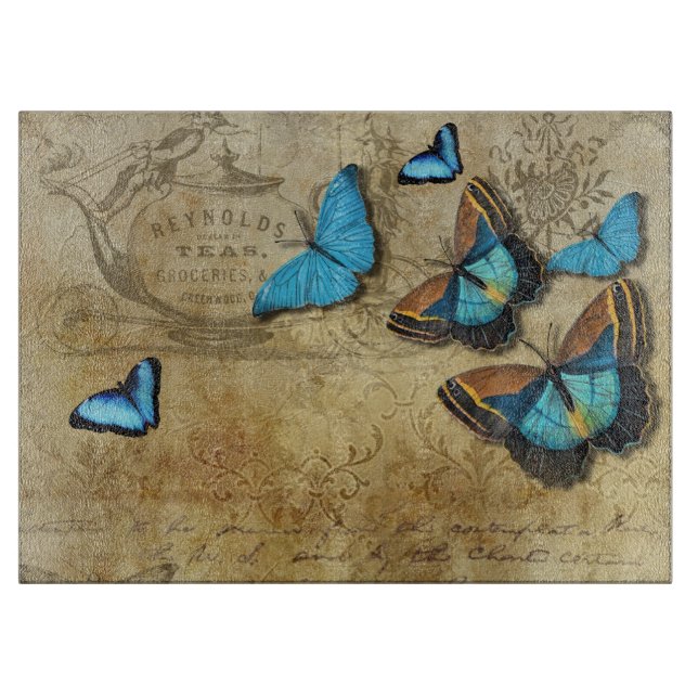 Antique Rustic Decoupage N Blue Butterflies Tea Cutting Board (Front)