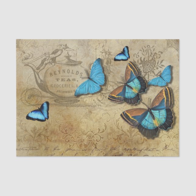 Antique Rustic Decoupage N Blue Butterflies Tea Tissue Paper (Front)