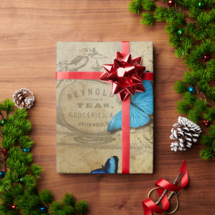 Antique Rustic Decoupage N Blue Butterflies Wrapping Paper