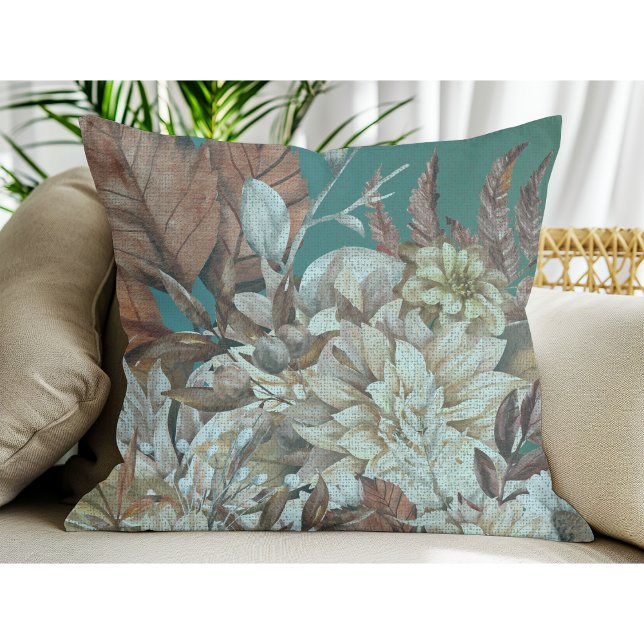 Antique Rustic Flowers Painted Over Teal  Throw Pillow (Creator Uploaded)