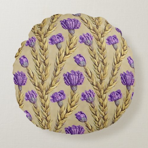 Antique Rustic Purple Flowers Wheat Round Pillow