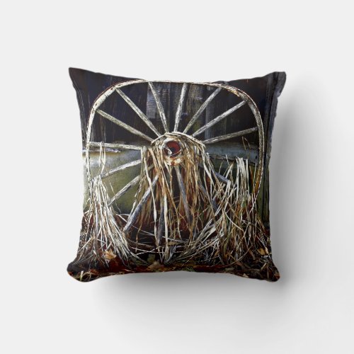 Antique Rustic Wagon Wheel Artwork Throw Pillow