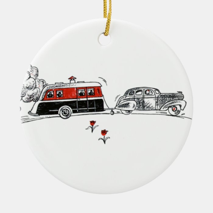 Antique RV Camper and Car Drawing Christmas Tree Ornaments