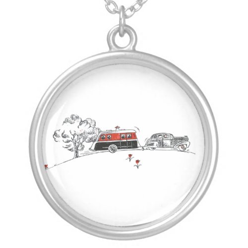 Antique RV Camper and Car Drawing Silver Plated Necklace