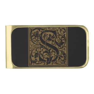 Antique S Monogram Gold Finish Money Clip