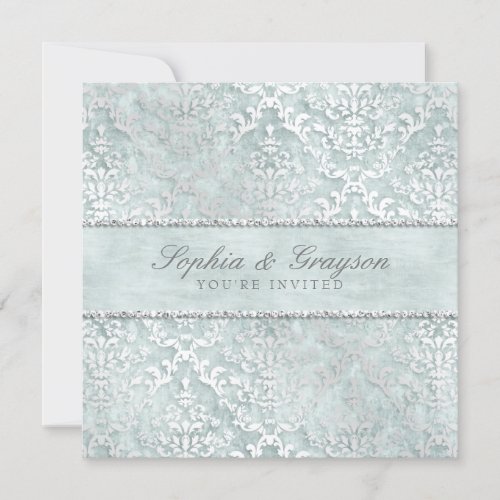 Antique Sage Glimmer Damask Wedding Invite