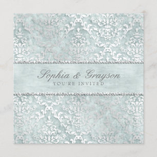 Antique Sage Glimmer Damask Wedding Invite