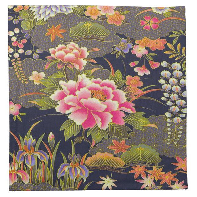 Antique Sage Green Gray Japanese Kimono Floral  Cloth Napkin (Front)