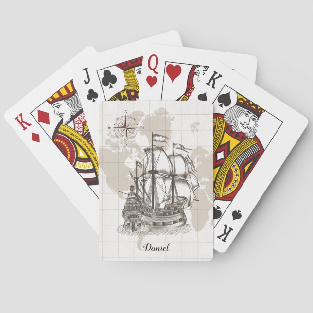 Antique Sailboat with Name Poker Cards (Back)