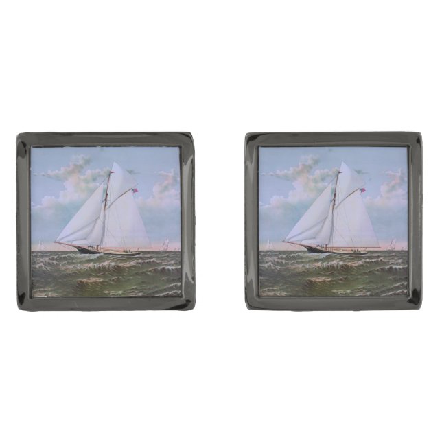 Antique Sailing Ship Sloop Yacht Sailboat Ocean Cufflinks (Front)