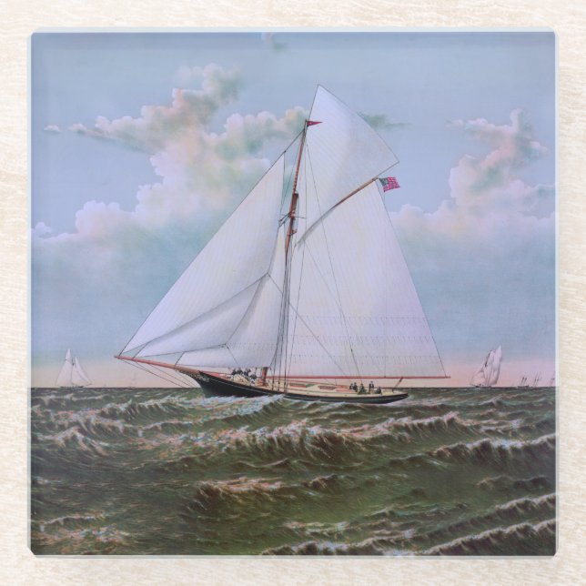 Antique Sailing Ship Sloop Yacht Sailboat Ocean Glass Coaster (Front)