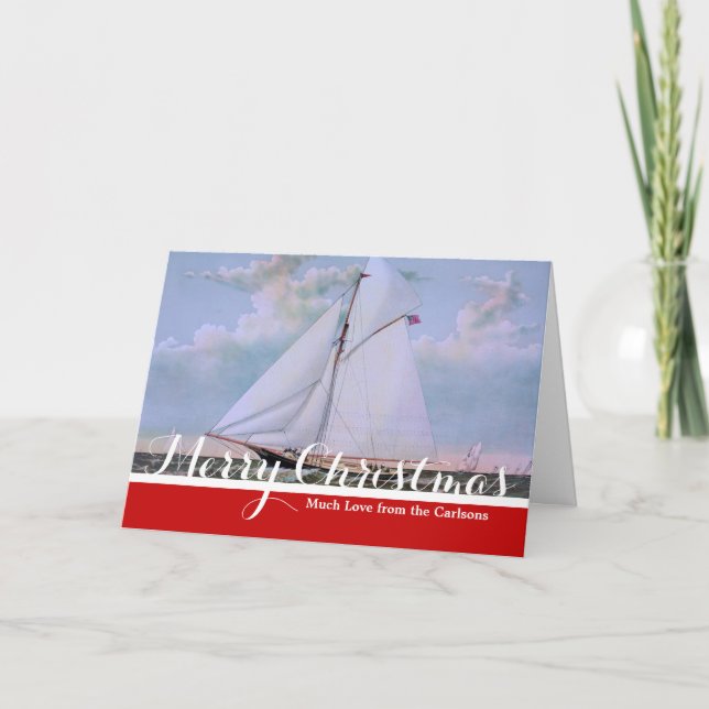 Antique Sailing Ship Sloop Yacht Sailboat Ocean Holiday Card (Front)