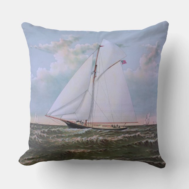 Antique Sailing Ship Sloop Yacht Sailboat Ocean Outdoor Pillow (Front)