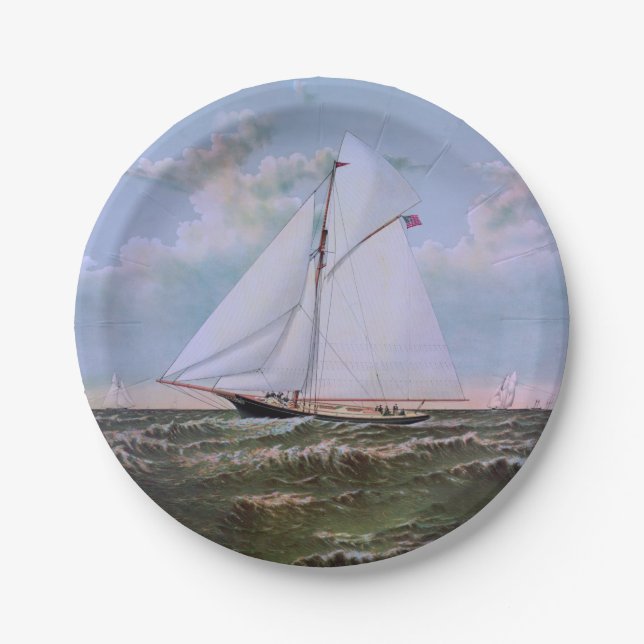Antique Sailing Ship Sloop Yacht Sailboat Ocean Paper Plates (Front)