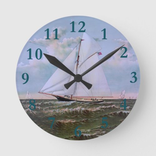 Antique Sailing Ship Sloop Yacht Sailboat Ocean Round Clock