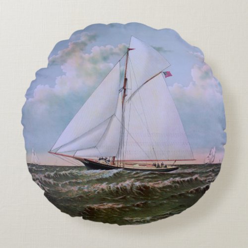 Antique Sailing Ship Sloop Yacht Sailboat Ocean Round Pillow