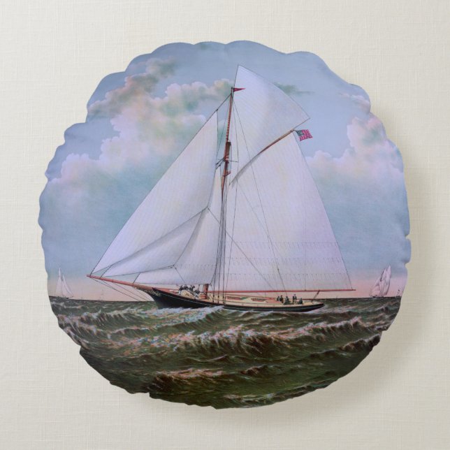 Antique Sailing Ship Sloop Yacht Sailboat Ocean Round Pillow (Front)