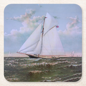 Antique Sailing Ship Sloop Yacht Sailboat Ocean Square Paper Coaster