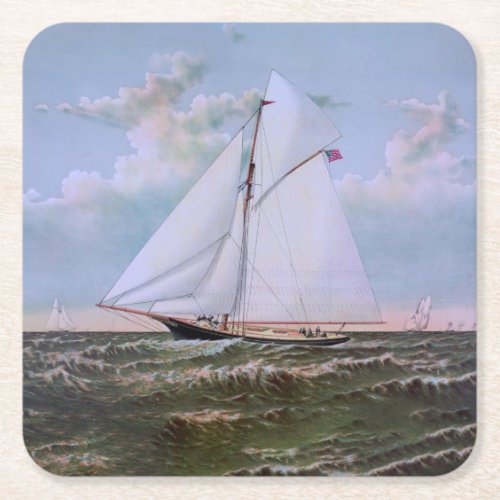 Antique Sailing Ship Sloop Yacht Sailboat Ocean Square Paper Coaster