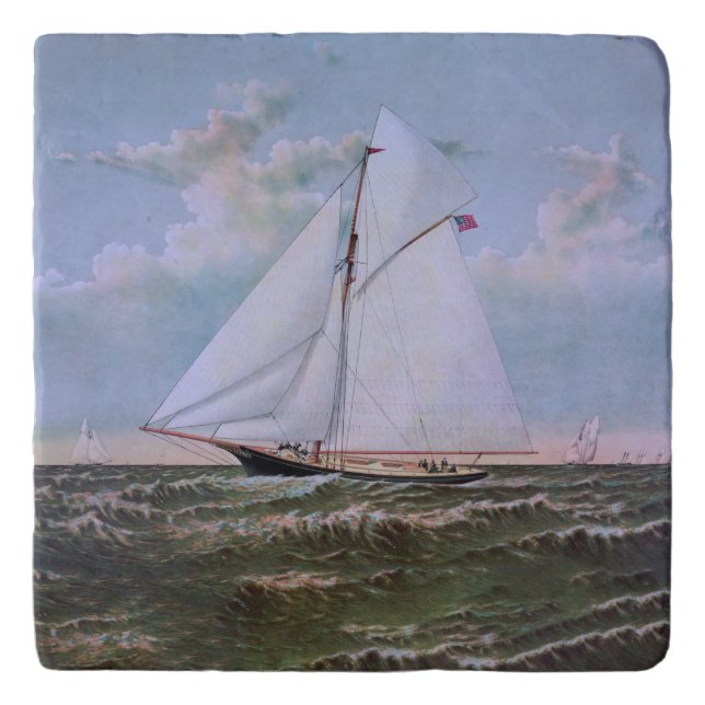 Antique Sailing Ship Sloop Yacht Sailboat Ocean Trivet (Front)
