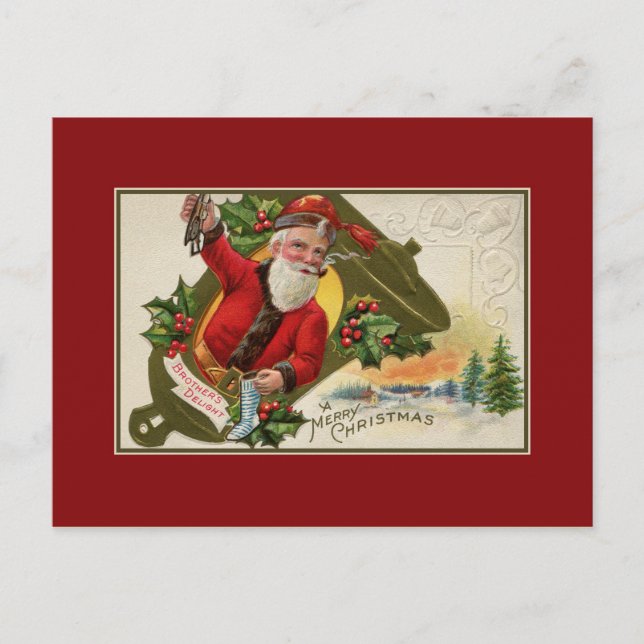 Antique Santa with pipe, Merry Christmas Holiday Postcard (Front)
