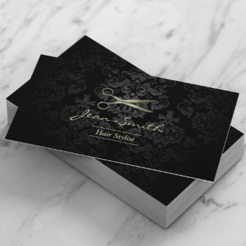 Antique Scissor Black & Gold Damask Hair Stylist Business Card by cardfactory at Zazzle