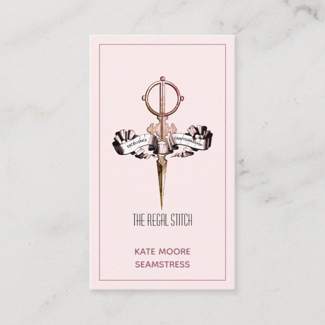 Antique Scissors And Banner Pink Seamstress Business Card (Front)