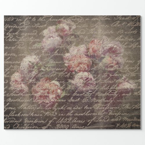 ANTIQUE SCRIPT ON FADED PEONIES DECOUPAGE WRAPPING PAPER