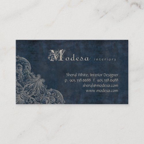 Antique Scroll Business Card Interior Design Blue