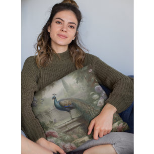 Antique Secret Garden Peacock and Stone Stairs Throw Pillow