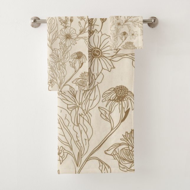 Antique Sepia Botanical Line Art Floral Pattern Bath Towel Set (Insitu)