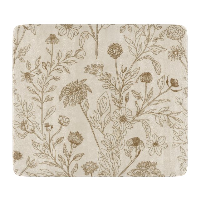 Antique Sepia Botanical Line Art Floral Pattern Cutting Board (Front)
