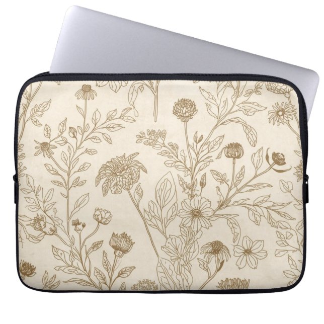 Antique Sepia Botanical Line Art Floral Pattern Laptop Sleeve (Front)