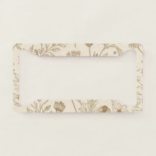 Antique Sepia Botanical Line Art Floral Pattern License Plate Frame