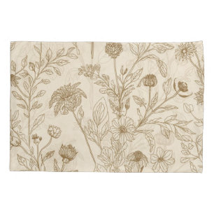 Antique Sepia Botanical Line Art Floral Pattern Pillow Case