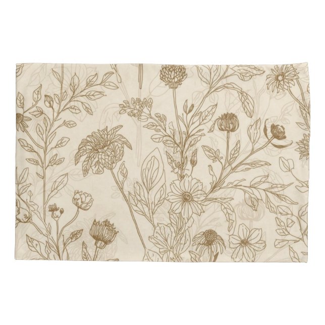 Antique Sepia Botanical Line Art Floral Pattern Pillow Case (Back)