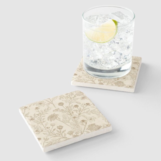 Antique Sepia Botanical Line Art Floral Pattern Stone Coaster (Side)