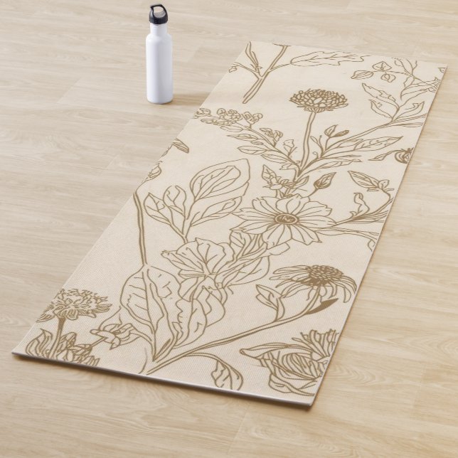 Antique Sepia Botanical Line Art Floral Pattern Yoga Mat (In Situ)