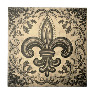 Antique Sepia Fleur de Lis Distressed Ceramic Tile