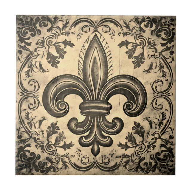 Antique Sepia Fleur de Lis Distressed Ceramic Tile (Front)