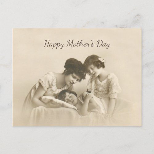 Antique Sepia Portrait of Mother and Children Holiday Postcard