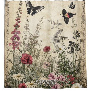 Antique Sepia Wildflower Meadow Butterfly Shower Curtain