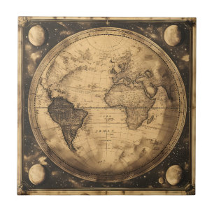 Antique Sepia World Map Vintage Engraving Ceramic Tile