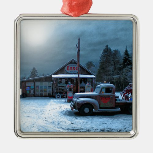 Antique Service Station In Winter Metal Ornament