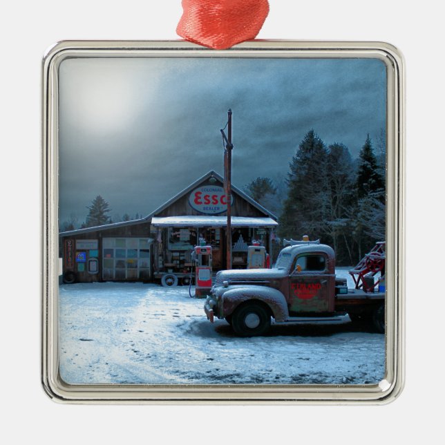 Antique Service Station In Winter Metal Ornament (Front)