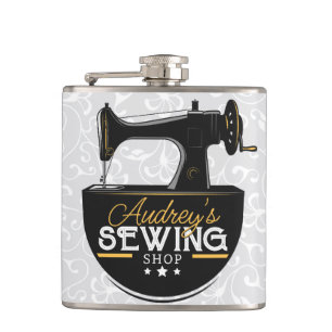 Antique Sewing Machine ADD NAME Seamstress Tailor Flask