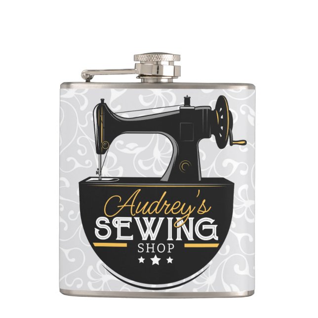 Antique Sewing Machine ADD NAME Seamstress Tailor  Flask (Front)