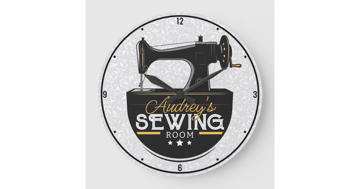 Antique Sewing Machine ADD NAME Seamstress Tailor Large Clock | Zazzle