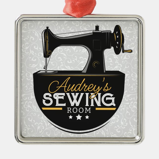 Antique Sewing Machine ADD NAME Seamstress Tailor Metal Ornament (Front)