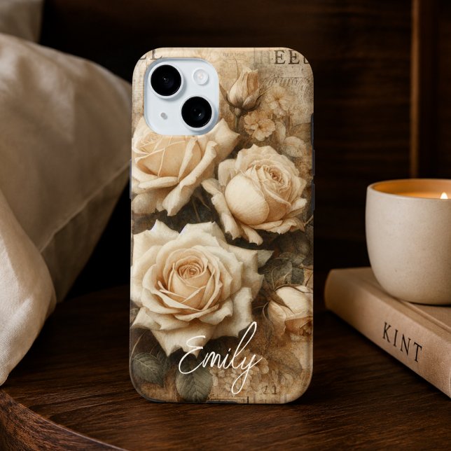 Antique Shabby Chic Cream Rose Collage Custom Name Case-Mate iPhone Case (Creator Uploaded)